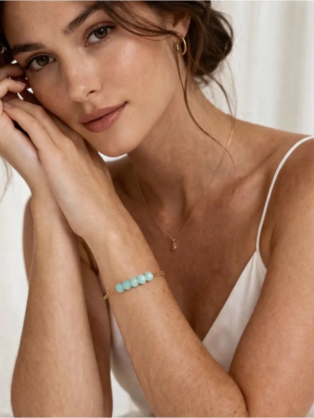 Gold Chain Bracelet with Pale Aqua Beads